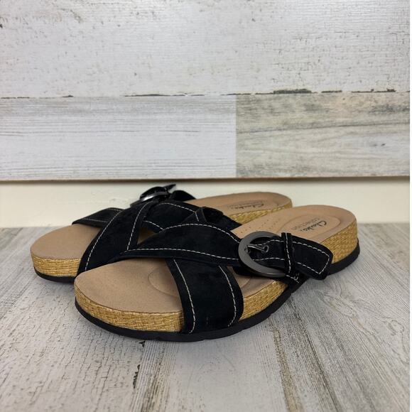 Clarks women 8 Reileigh May Leather Slide Sandals Black new slip on buckle shoe - Picture 1 of 7